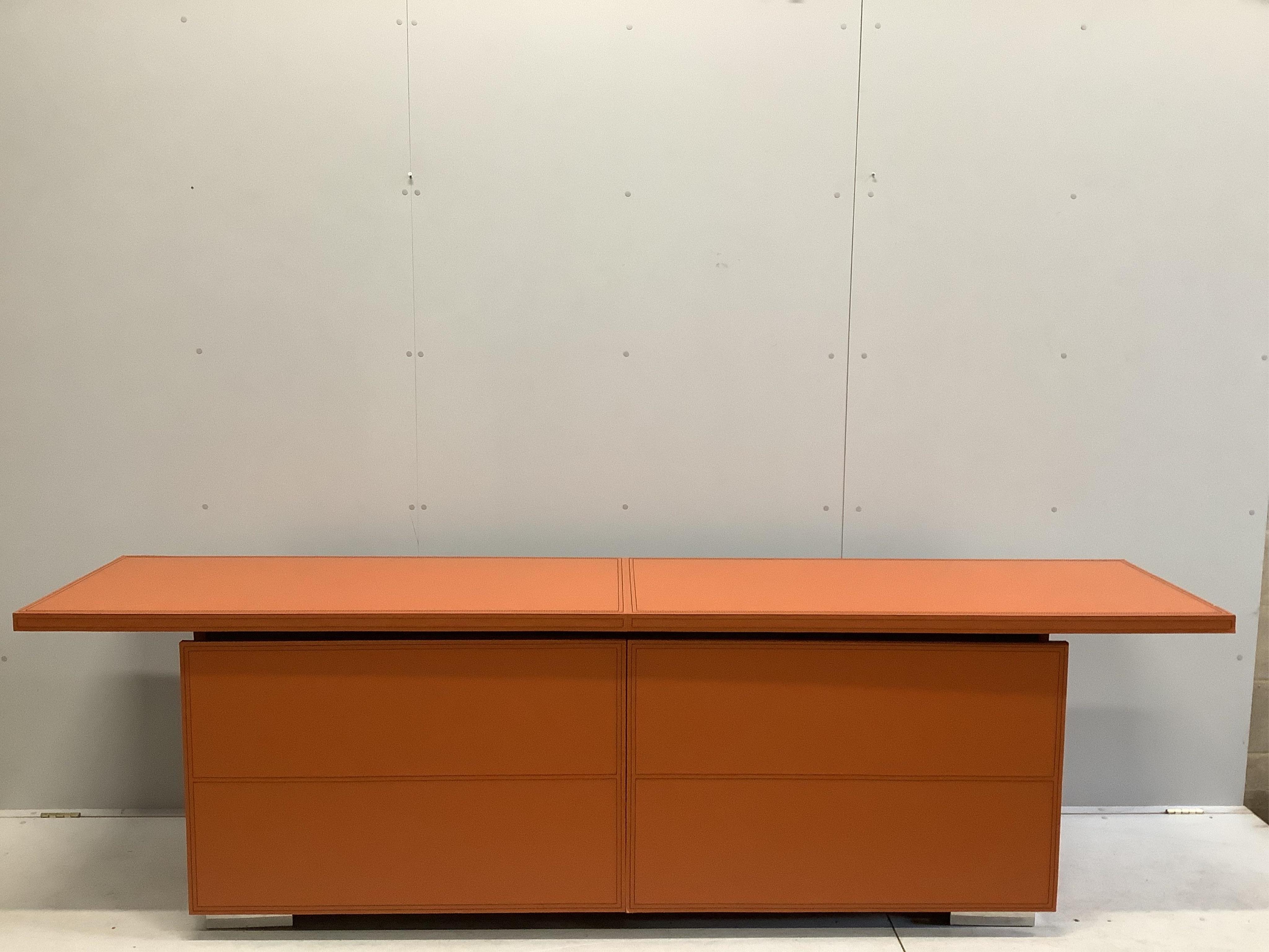 A Contemporary tan leather ‘Red Bull’ sideboard, width 270cm, depth 57cm, height 78cm. Condition - fair